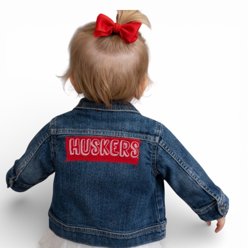 N-Kids Baby Girls Blue‎ Denim Jacket Nebraska Huskers Patch Heart Pockets 9M